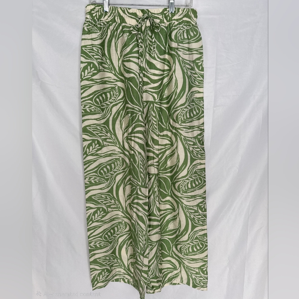 Wide Leg Leaf-Print Palazzo Pants - Green